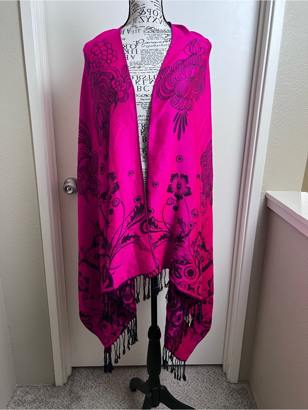 100% Pashmina Fuchsia Black Floral Fringe Shawl Wrap Scarf